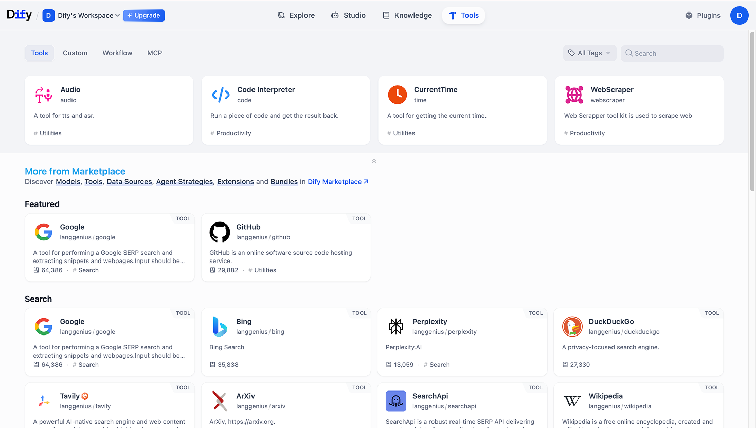 Dify Tools marketplace page